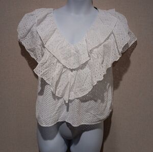 Zara White Ruffle Eyelet Blouse Size S